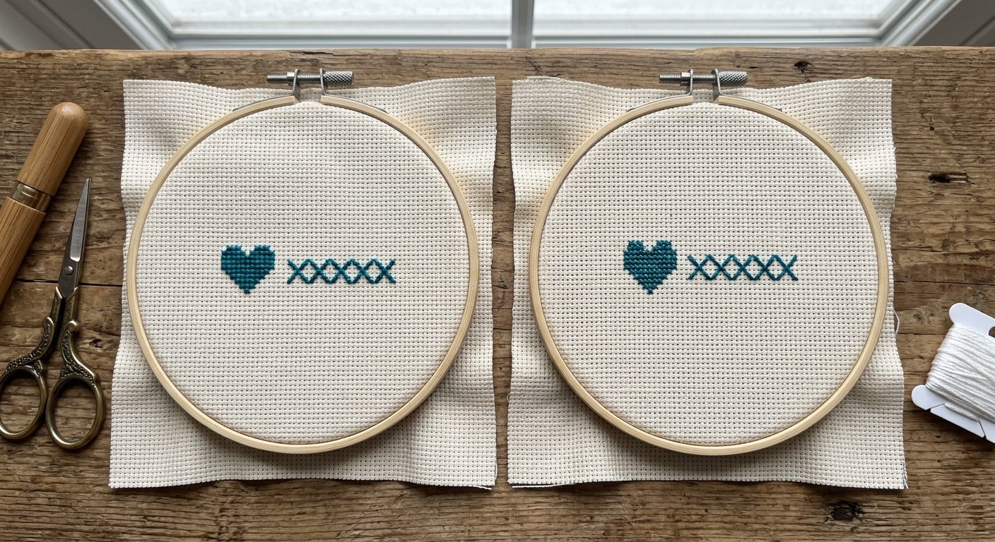 Cross-stitch samples comparing DMC and Anchor thread coverage