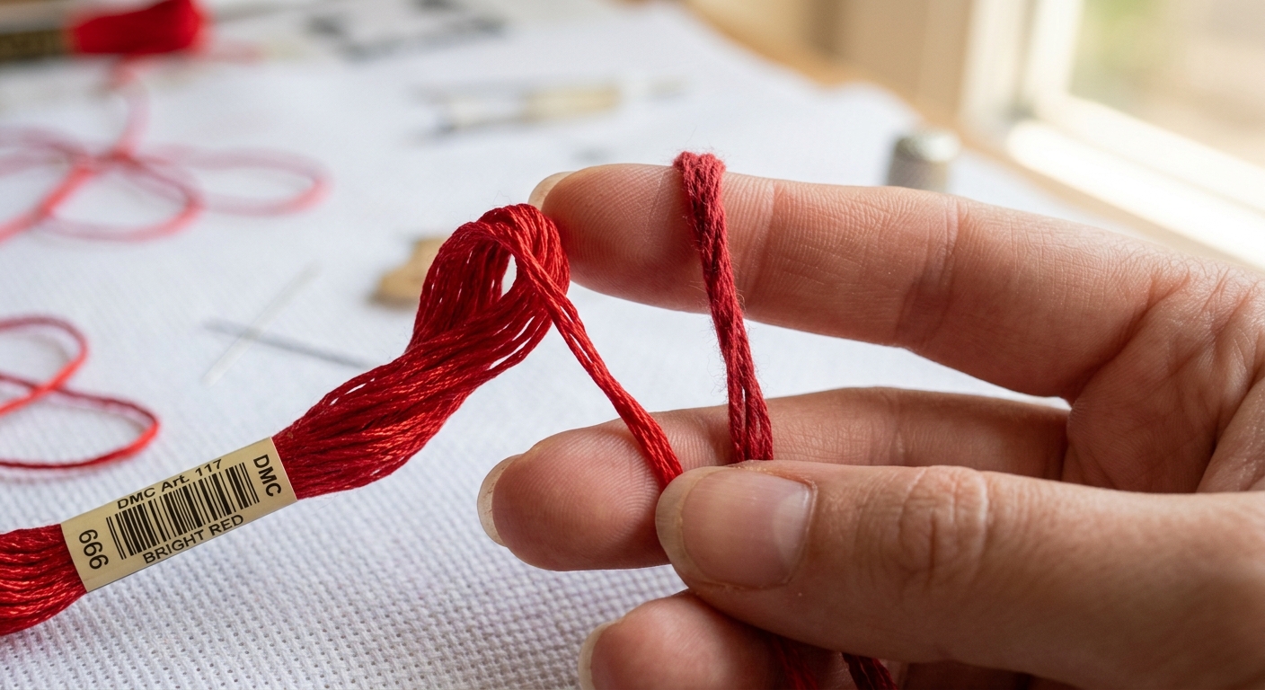 Close-up comparing DMC and Anchor thread texture and sheen differences