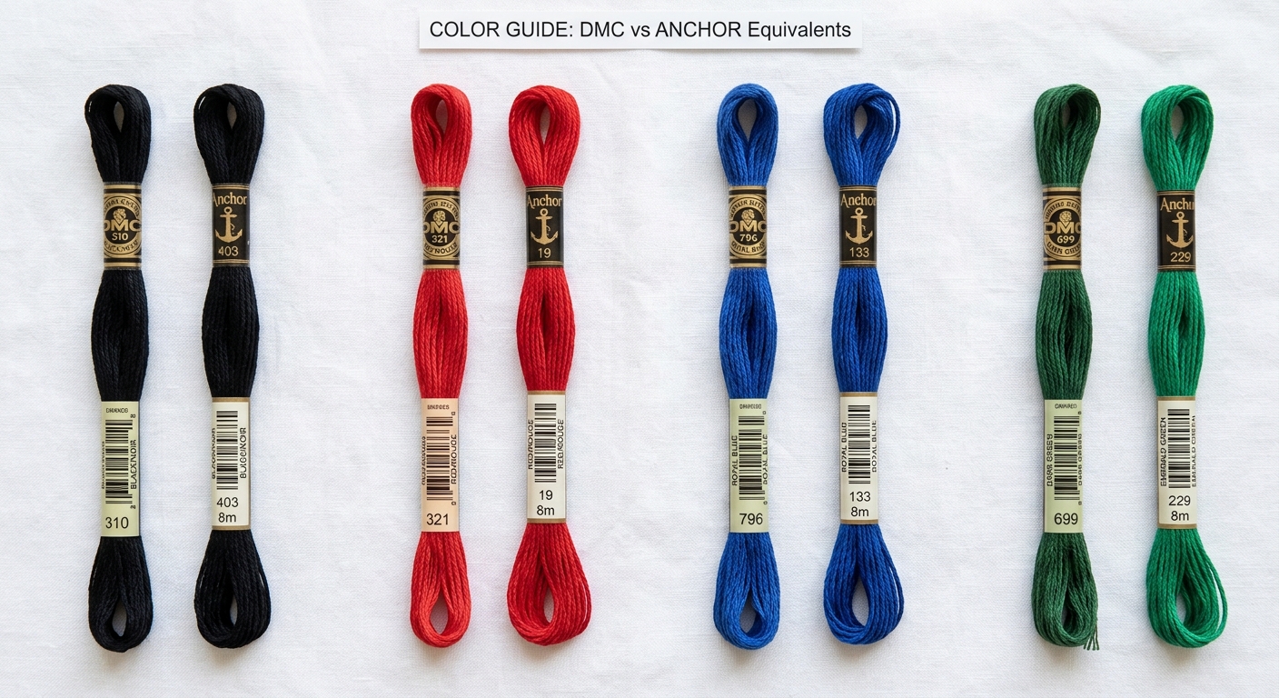 Paired DMC and Anchor skeins in matching colors showing different numbering systems