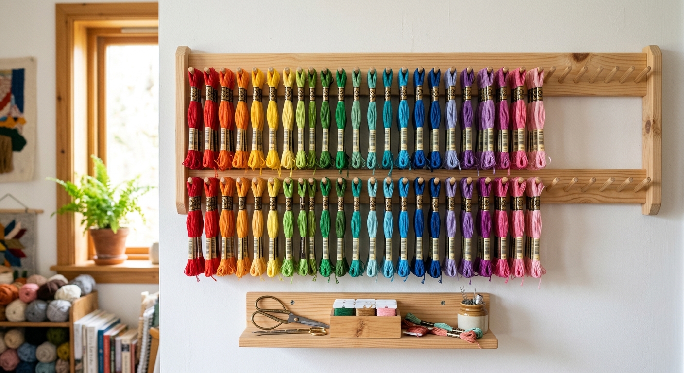 Wall-mounted thread rack with floss skeins arranged in rainbow gradient