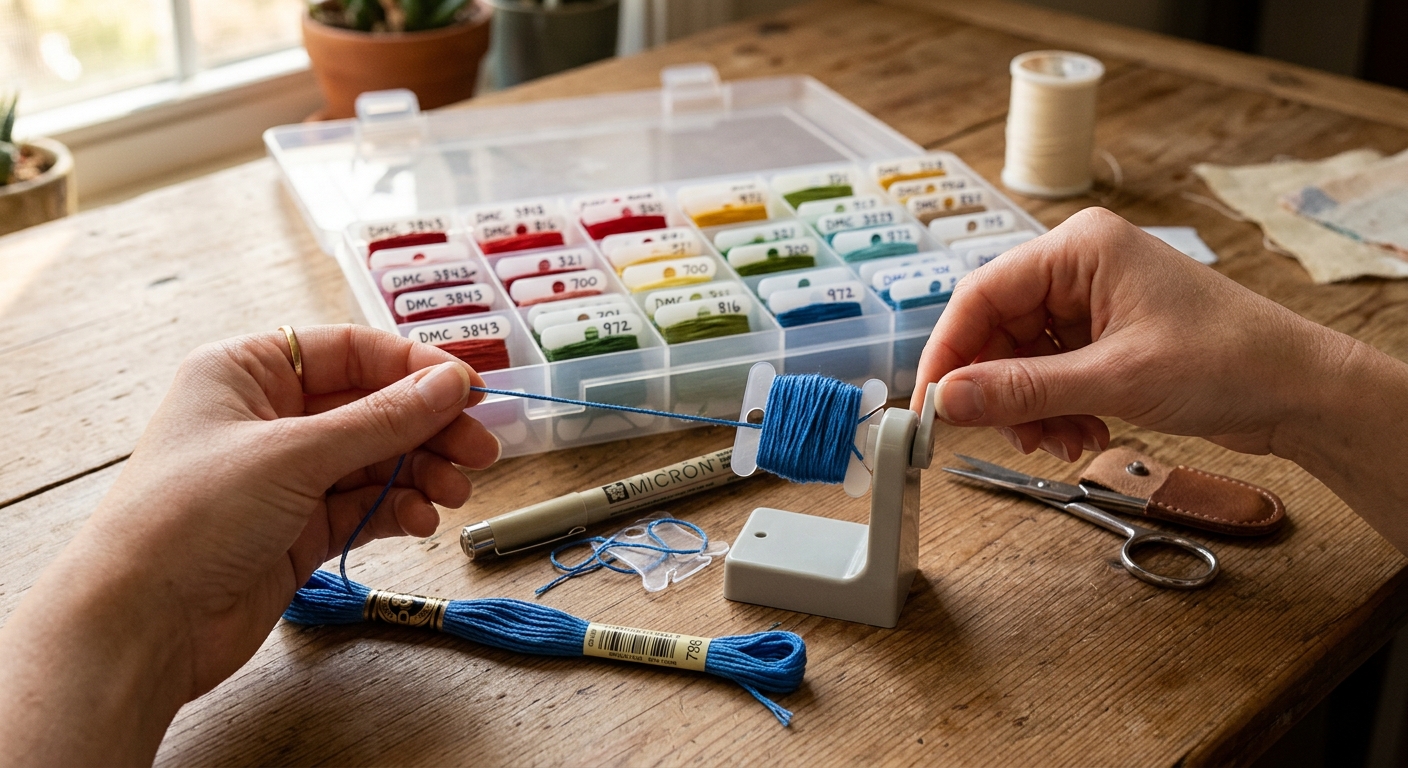 Hands winding embroidery floss onto a bobbin with a winder tool