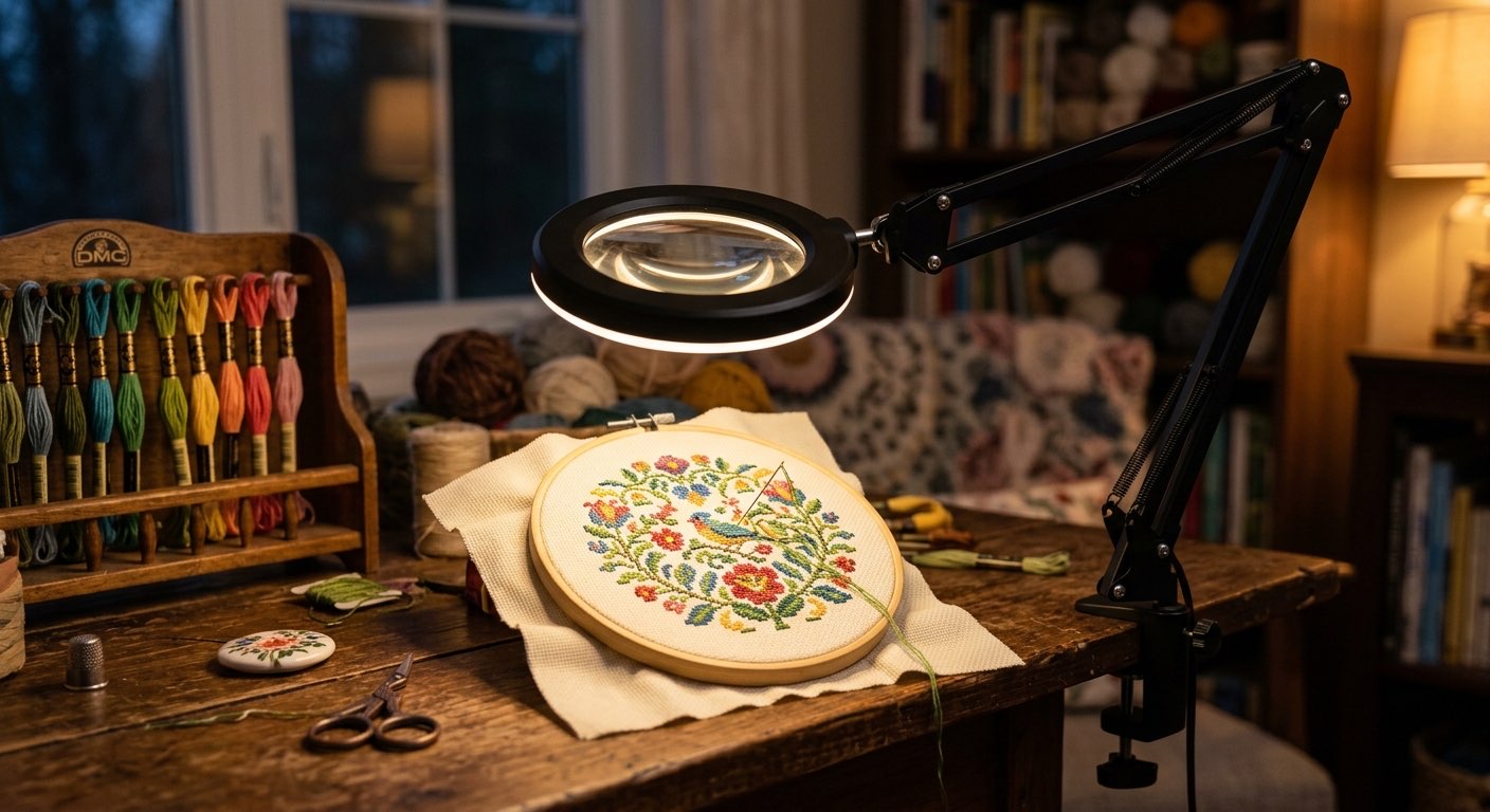 LED magnifying lamp illuminating a cross-stitch project on a crafting desk
