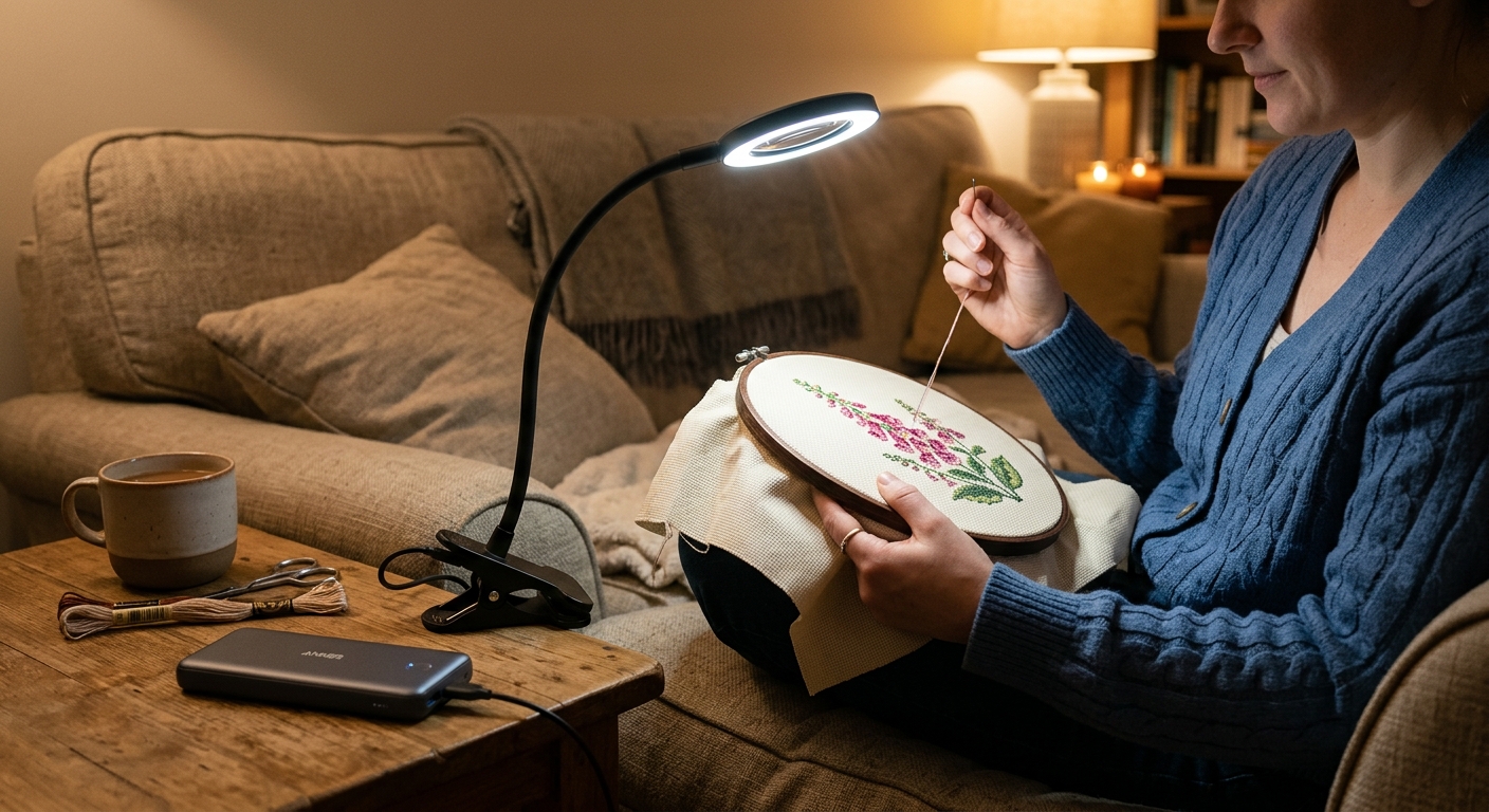 Clip-on LED magnifying lamp illuminating cross-stitch work on a sofa