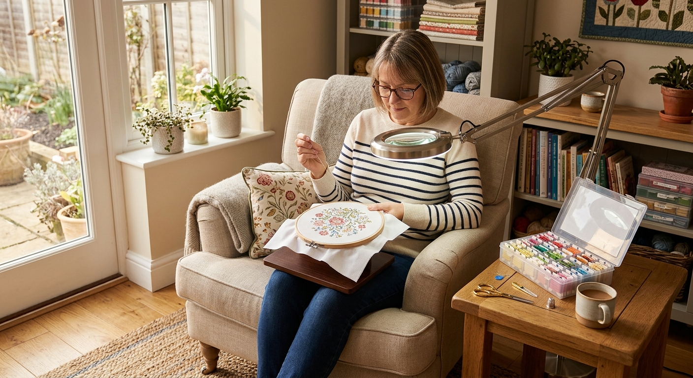 Ergonomic cross-stitch workspace with floor lamp, lap stand, and organizer