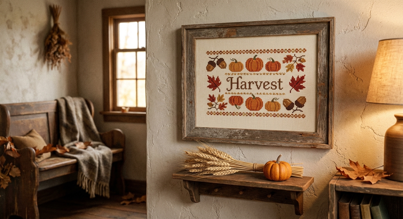 Autumn cross-stitch harvest sampler with falling leaves, acorns, and pumpkin motifs