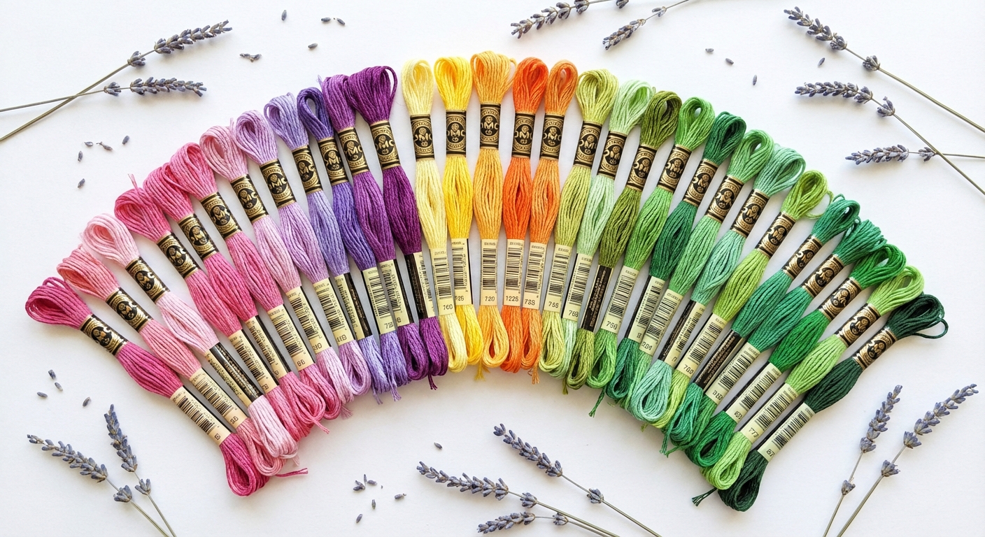 DMC flower thread palette with pinks, lavenders, yellows, and garden greens