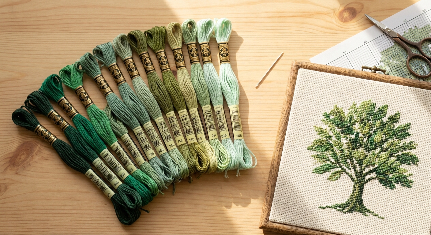 Cross-stitch landscape showing layered forest green tones for tree depth