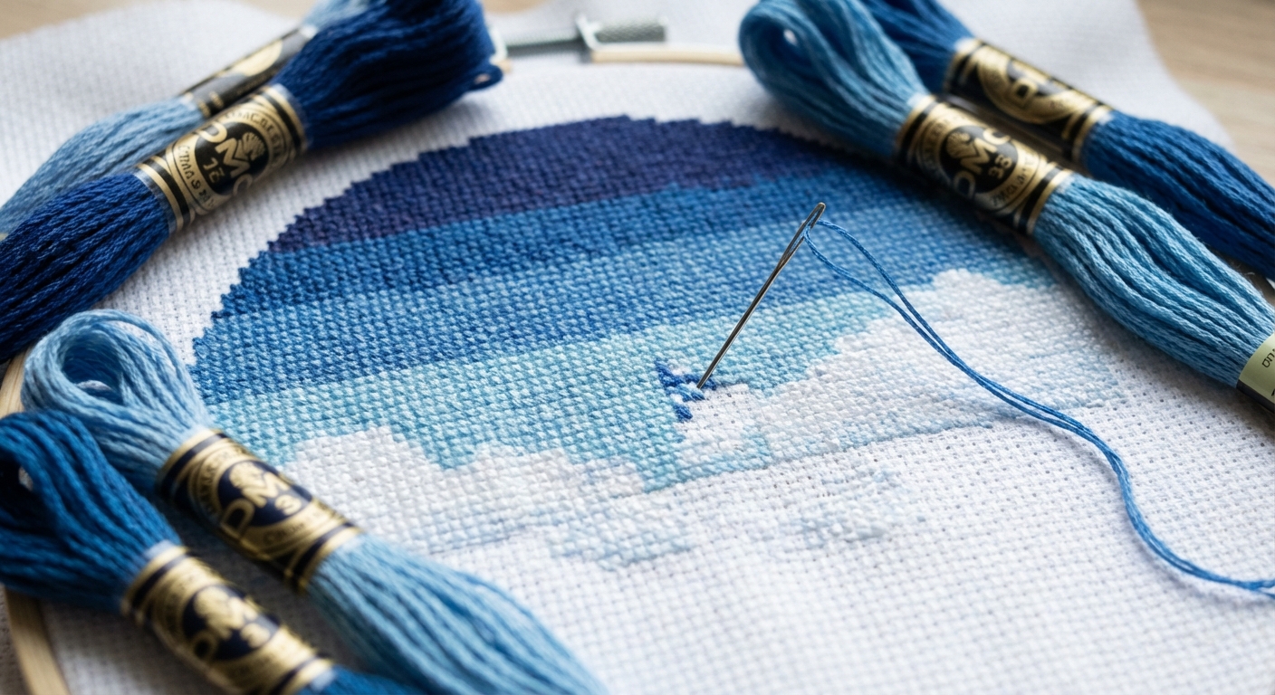 Cross-stitch landscape showing sky blue gradient from horizon to overhead