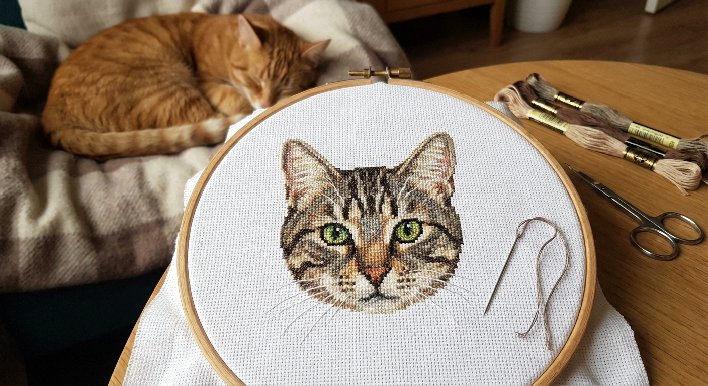 Cross-stitch cat portrait showing realistic tabby fur pattern and eye colors