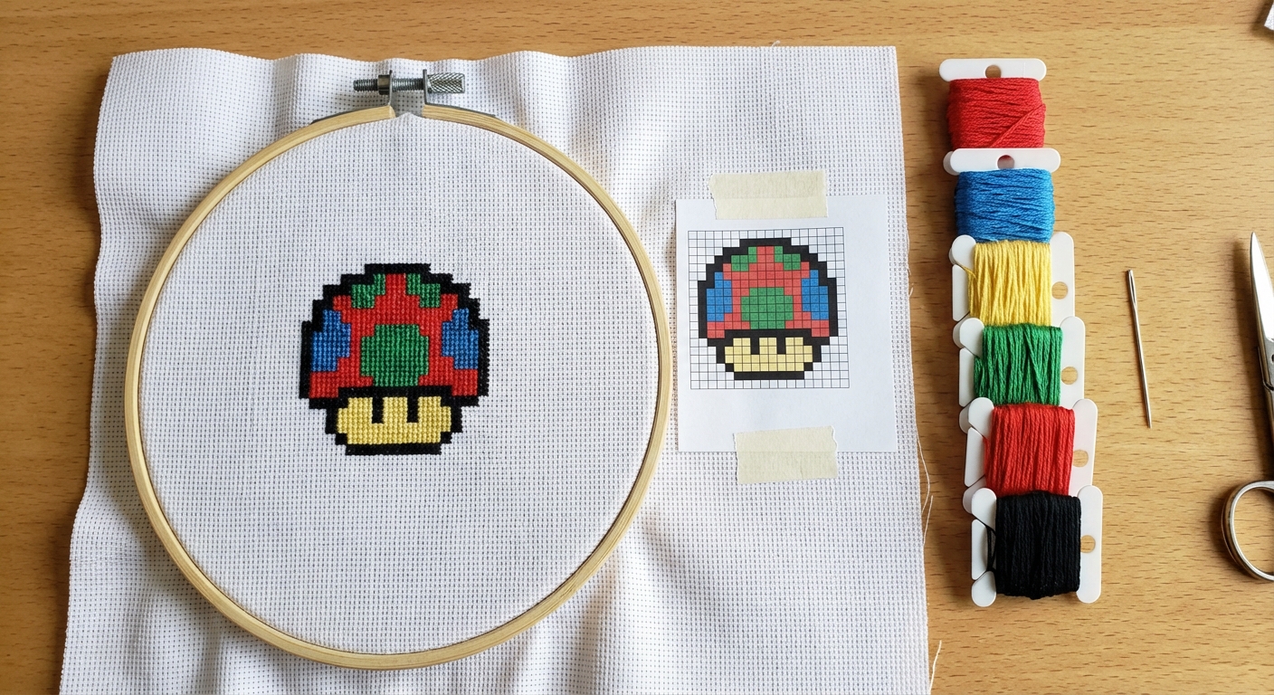 Pixel art gaming cross-stitch in progress showing sprite grid on Aida fabric