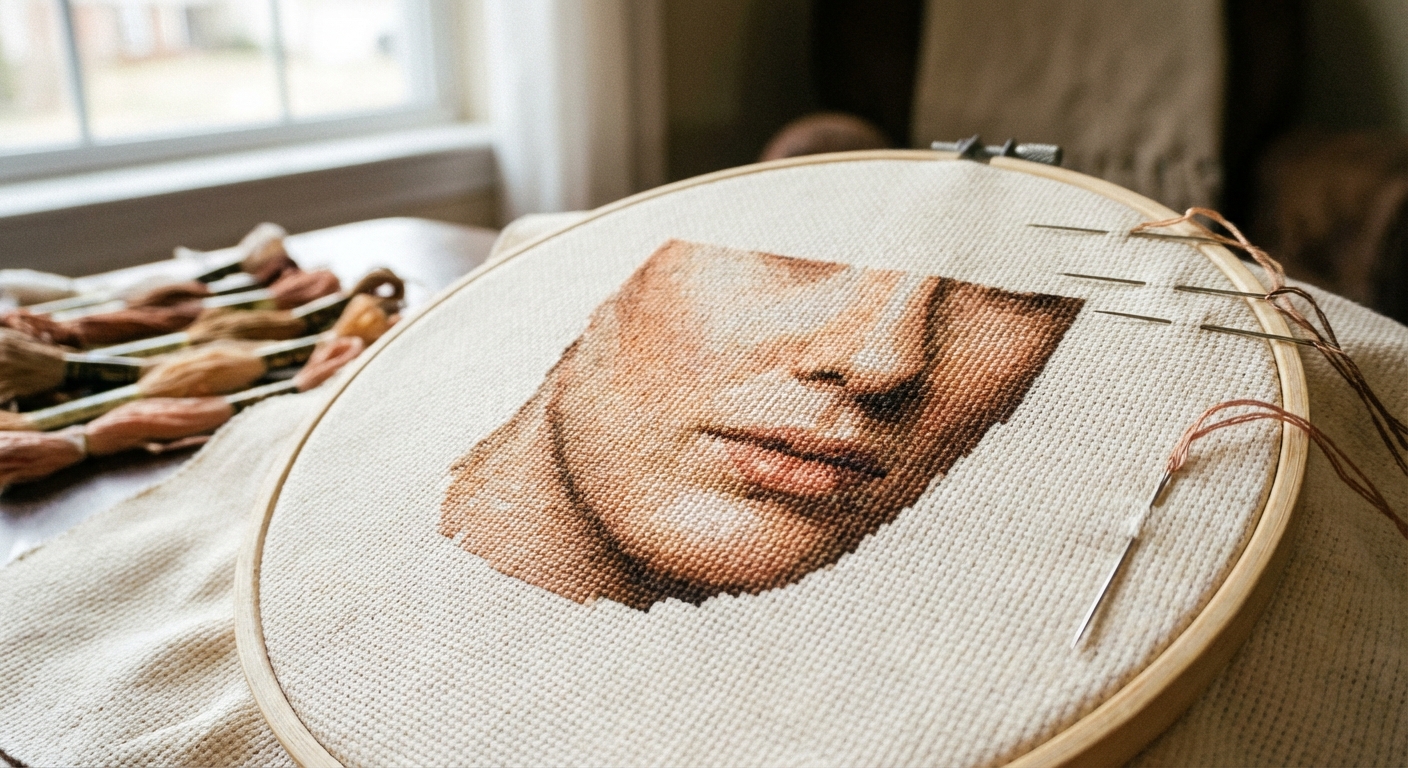 Cross-stitch portrait showing realistic skin tone gradients in DMC thread